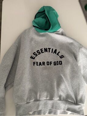 Fear of God Essentials Gray Pullover Hoodie with Teal Hood Interior